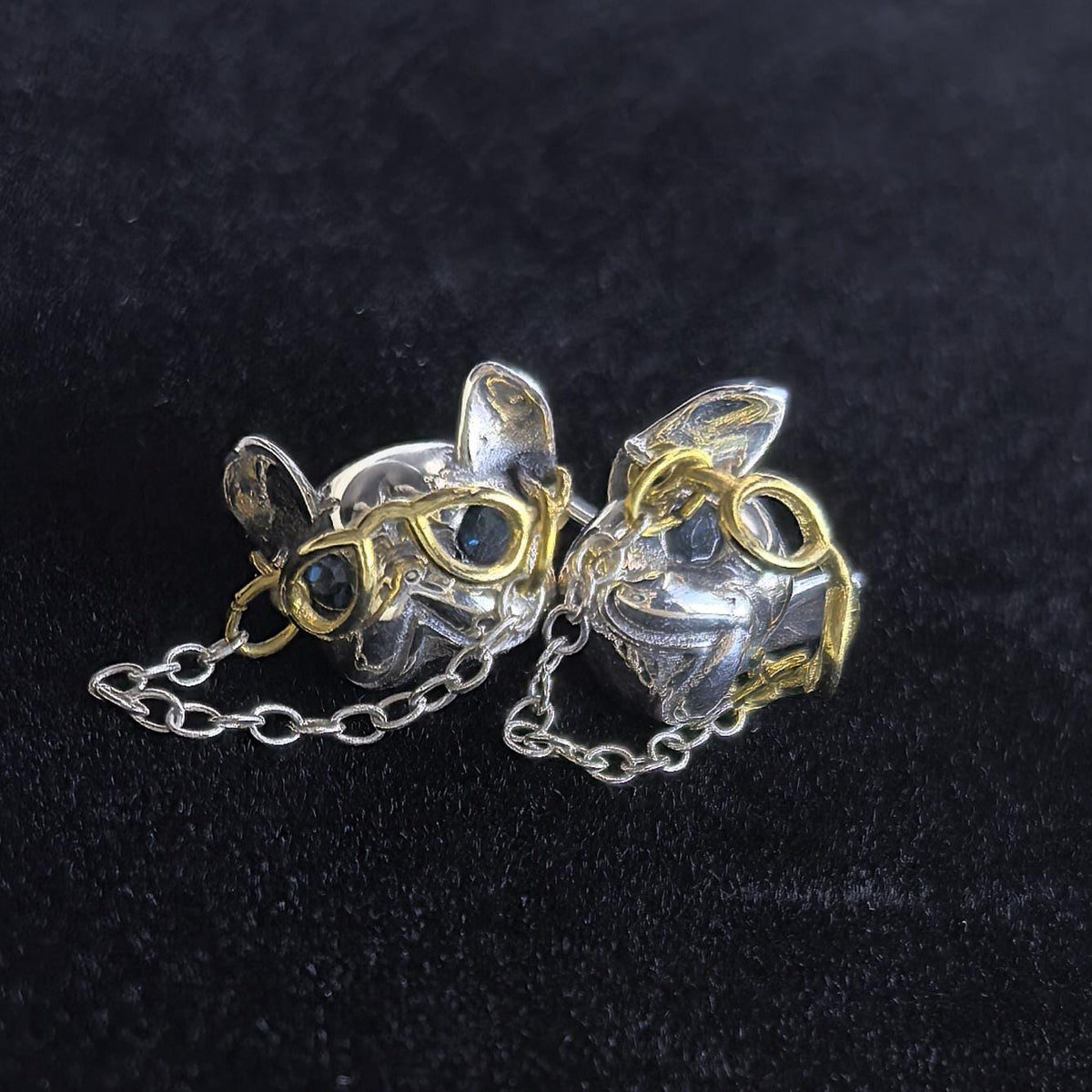 925 Sterling Silver Bulldog Stud Earrings Movable Gold Tone Glasses Chain Detail French Bulldog Earrings Dog Lover Gift Jewelry