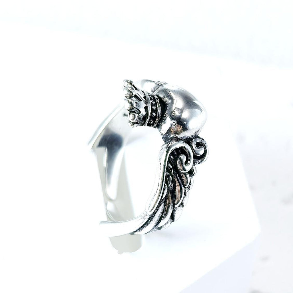 Sterling Silver Crowned Heart Ring – Winged Claddagh Style, Adjustable Band