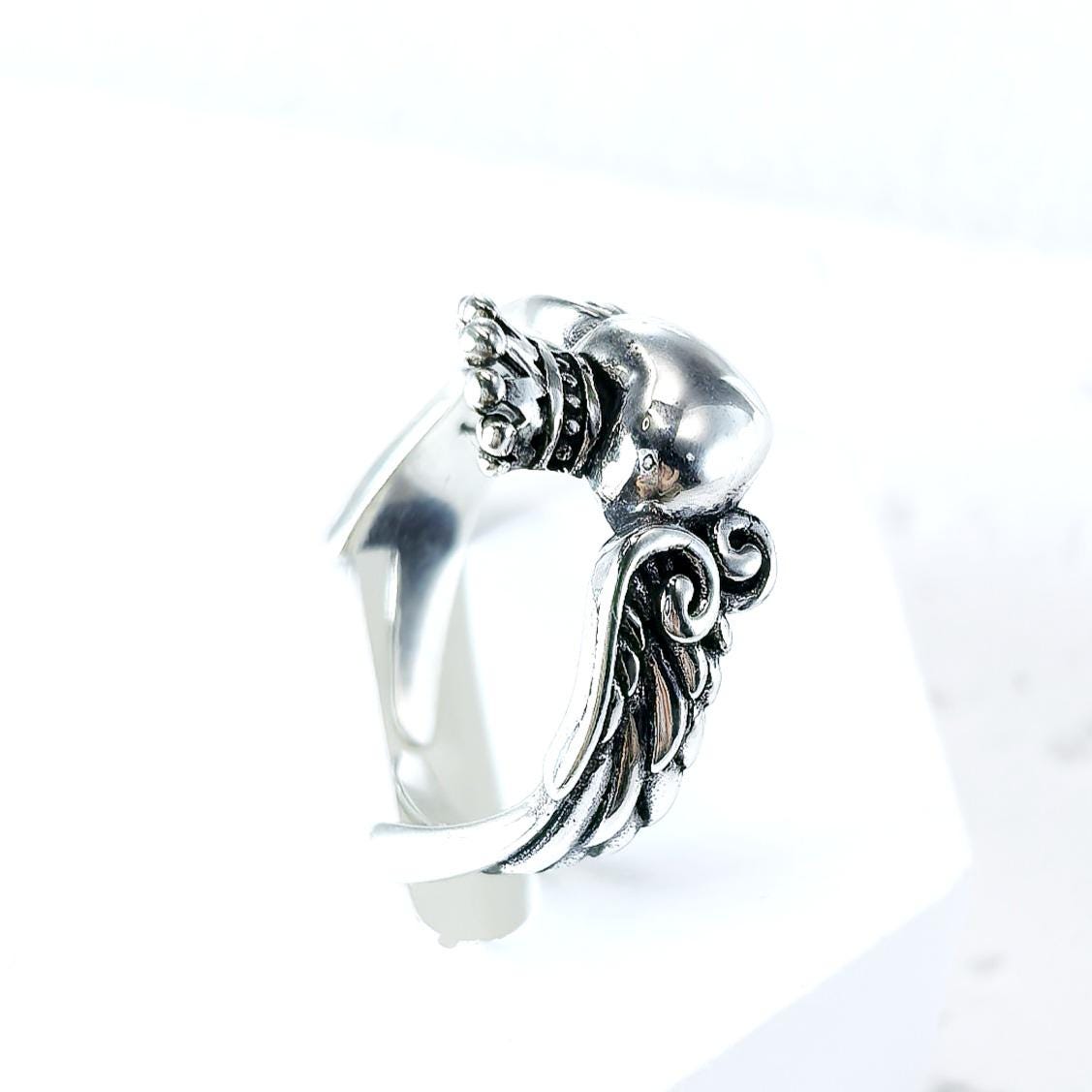 Sterling Silver Crowned Heart Ring – Winged Claddagh Style, Adjustable Band