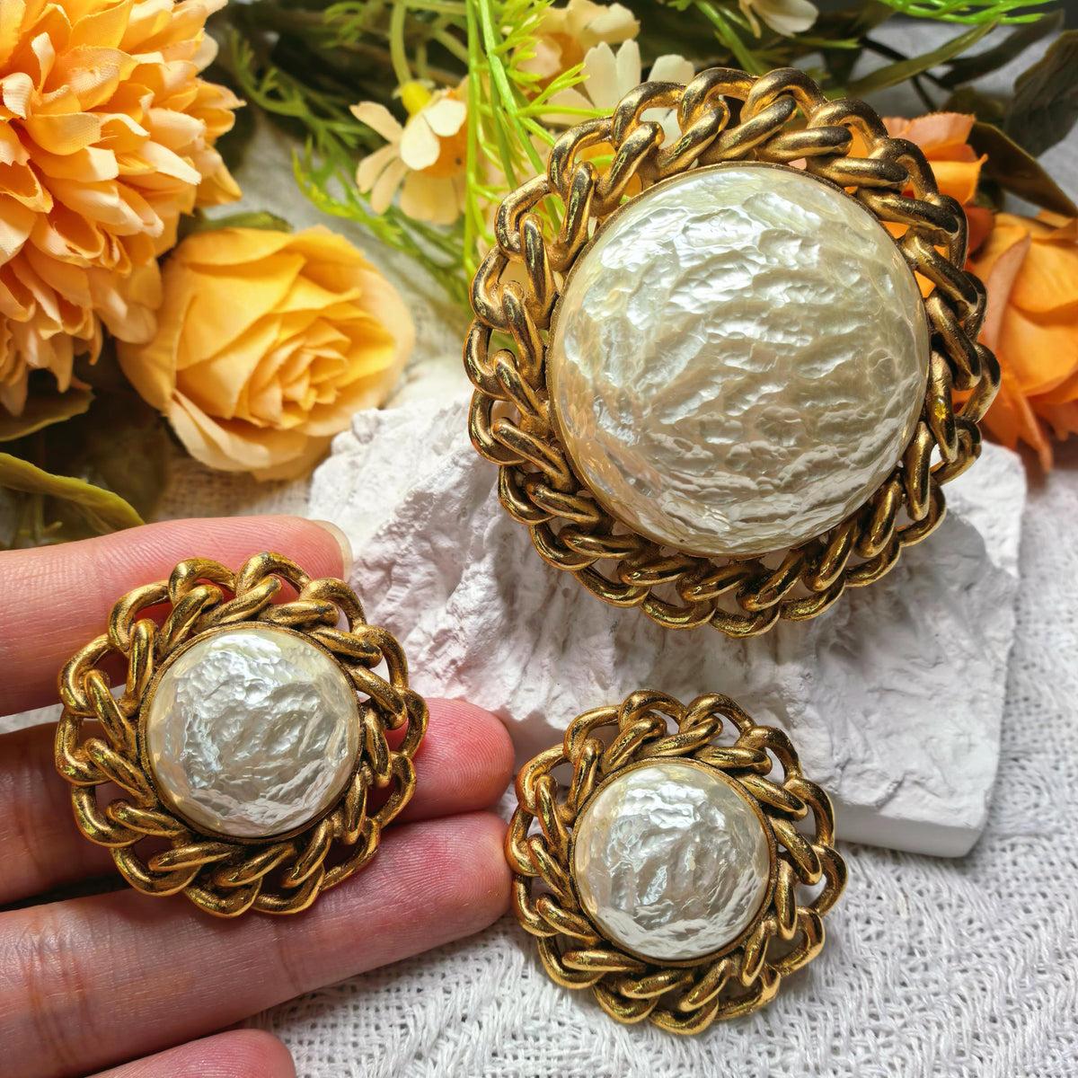 Rare Set - 1950s Vintage Sarah Coventry Faux Pearl Brooch & Earrings Set Gold Tone Statement Jewelry Signed Sarah Cov Costume Jewelry