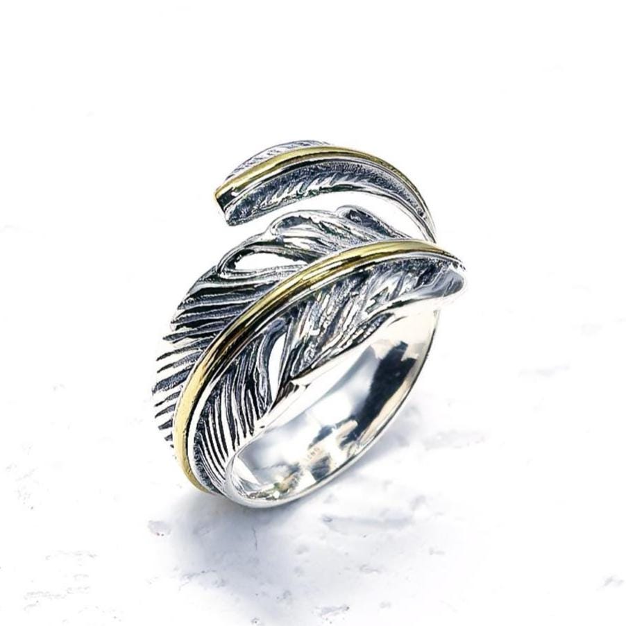 S925 Sterling Silver Feather Ring – Adjustable Wrap Ring, Boho Nature-Inspired Jewelry for Men and Women
