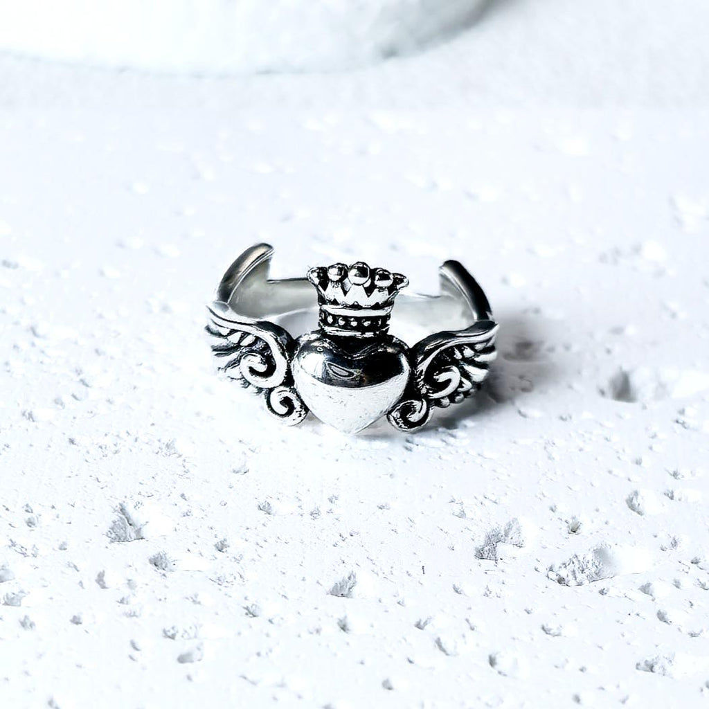 Sterling Silver Crowned Heart Ring – Winged Claddagh Style, Adjustable Band