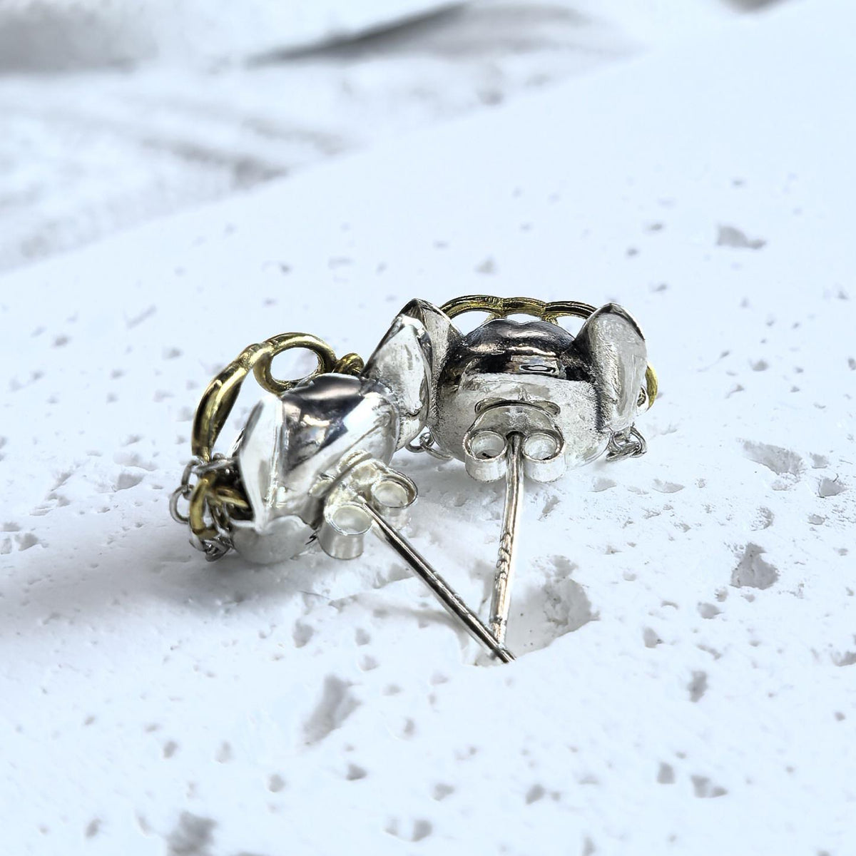 925 Sterling Silver Bulldog Stud Earrings Movable Gold Tone Glasses Chain Detail French Bulldog Earrings Dog Lover Gift Jewelry