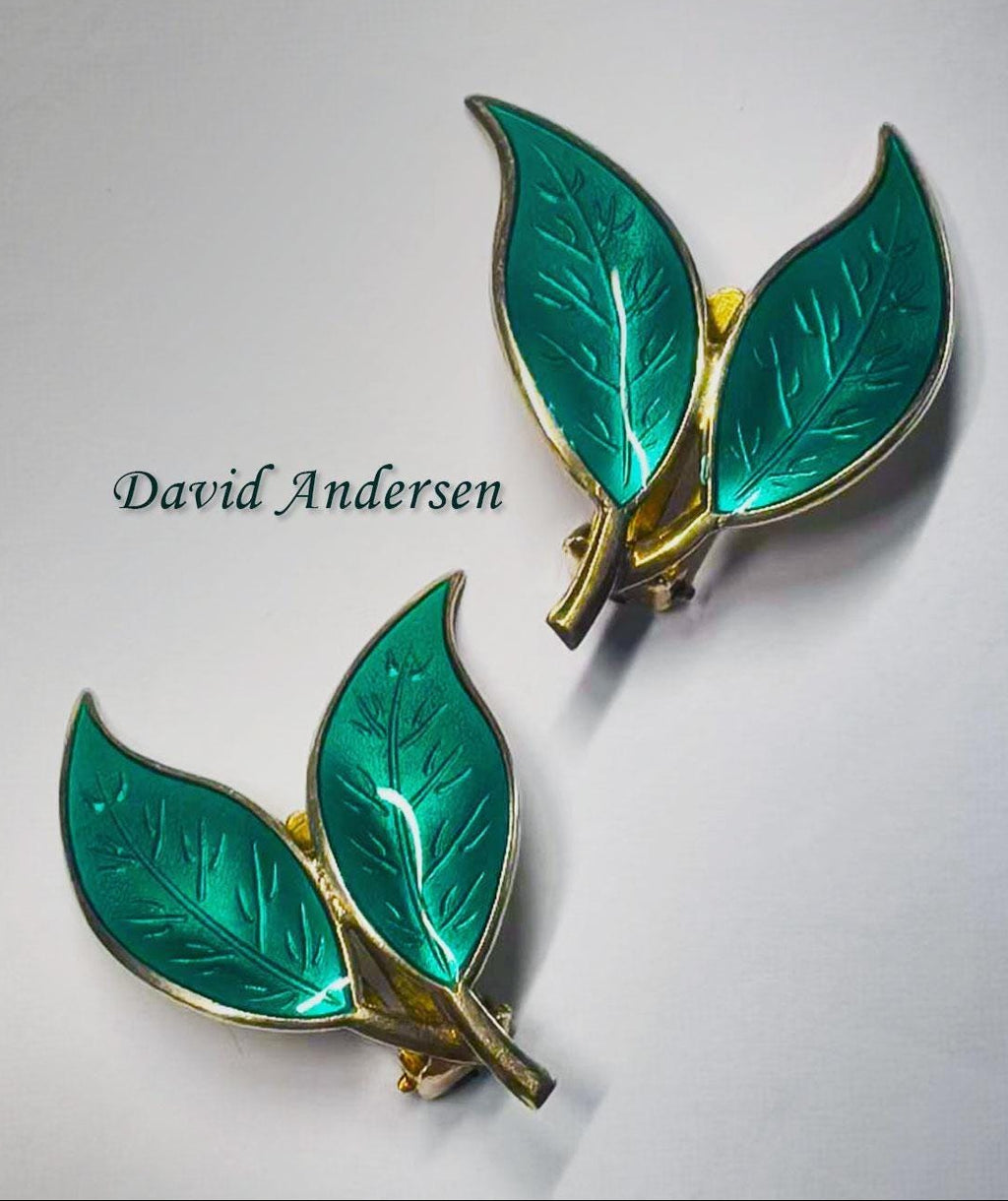 Vintage David Andersen Norway Green Enamel Double Leaf Clip On Earrings Sterling