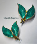 Vintage David Andersen Norway Green Enamel Double Leaf Clip On Earrings Sterling
