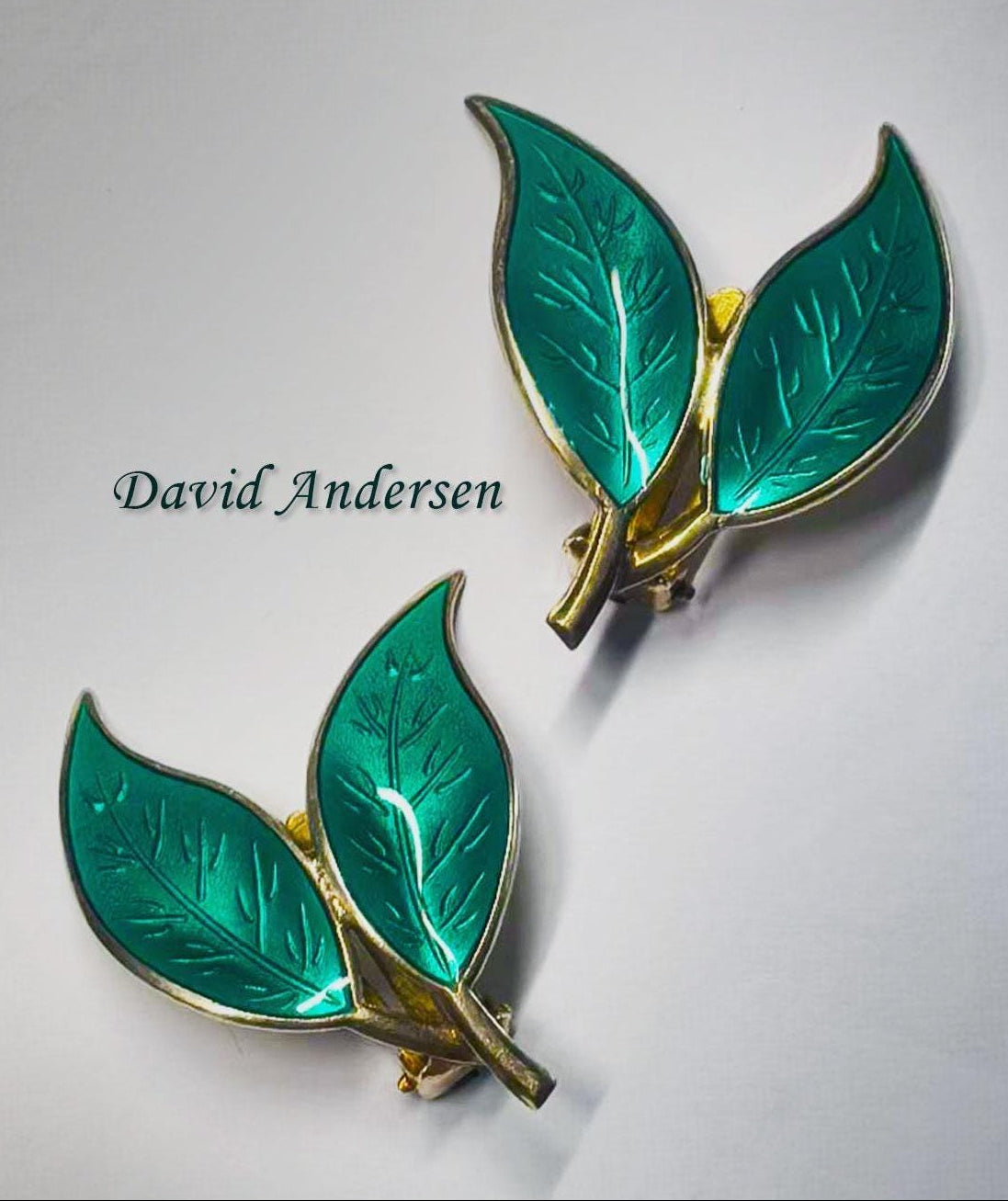Vintage David Andersen Norway Green Enamel Double Leaf Clip On Earrings Sterling
