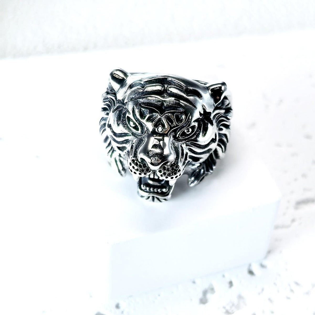 Handmade S925 Sterling Silver Tiger Head Ring, Gothic Biker Jewelry