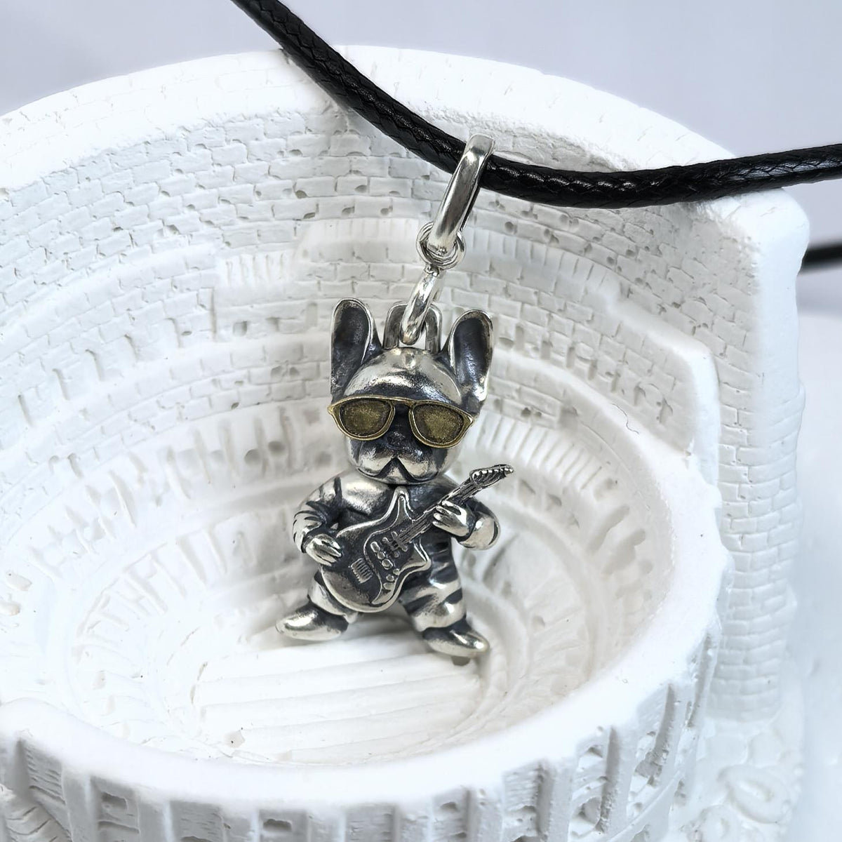 Sterling Silver Bulldog Guitar Pendant: Custom Engraved Dog Lover Necklace