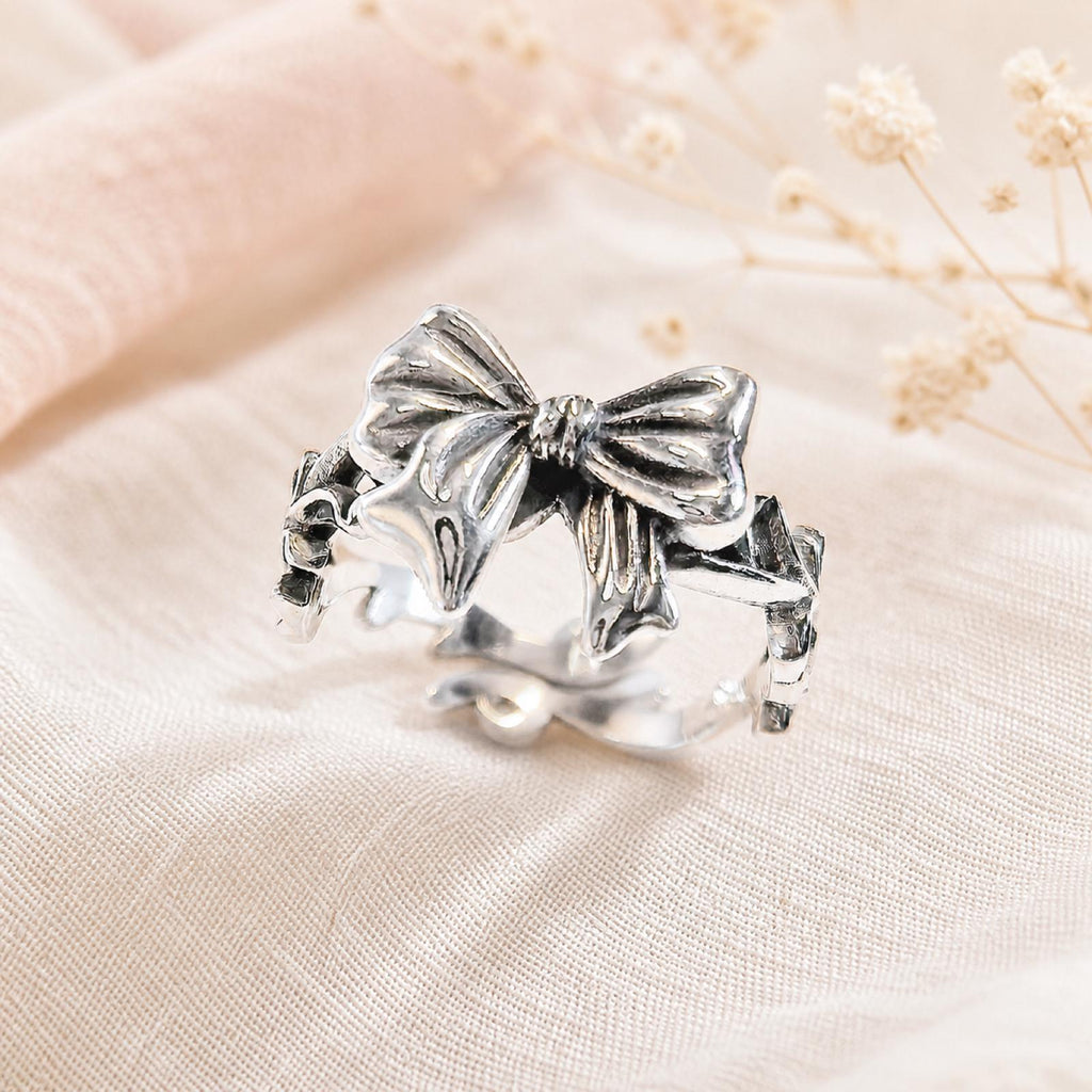 S925 Brand New Sterling Silver Bow Ring: Unique Design Adjustable Ribbon Jewelry