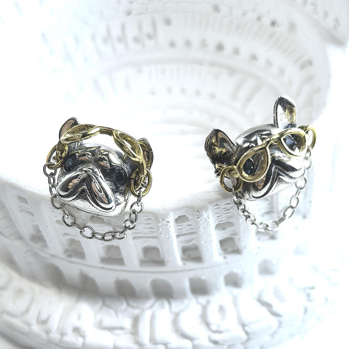 925 Sterling Silver Bulldog Stud Earrings Movable Gold Tone Glasses Chain Detail French Bulldog Earrings Dog Lover Gift Jewelry