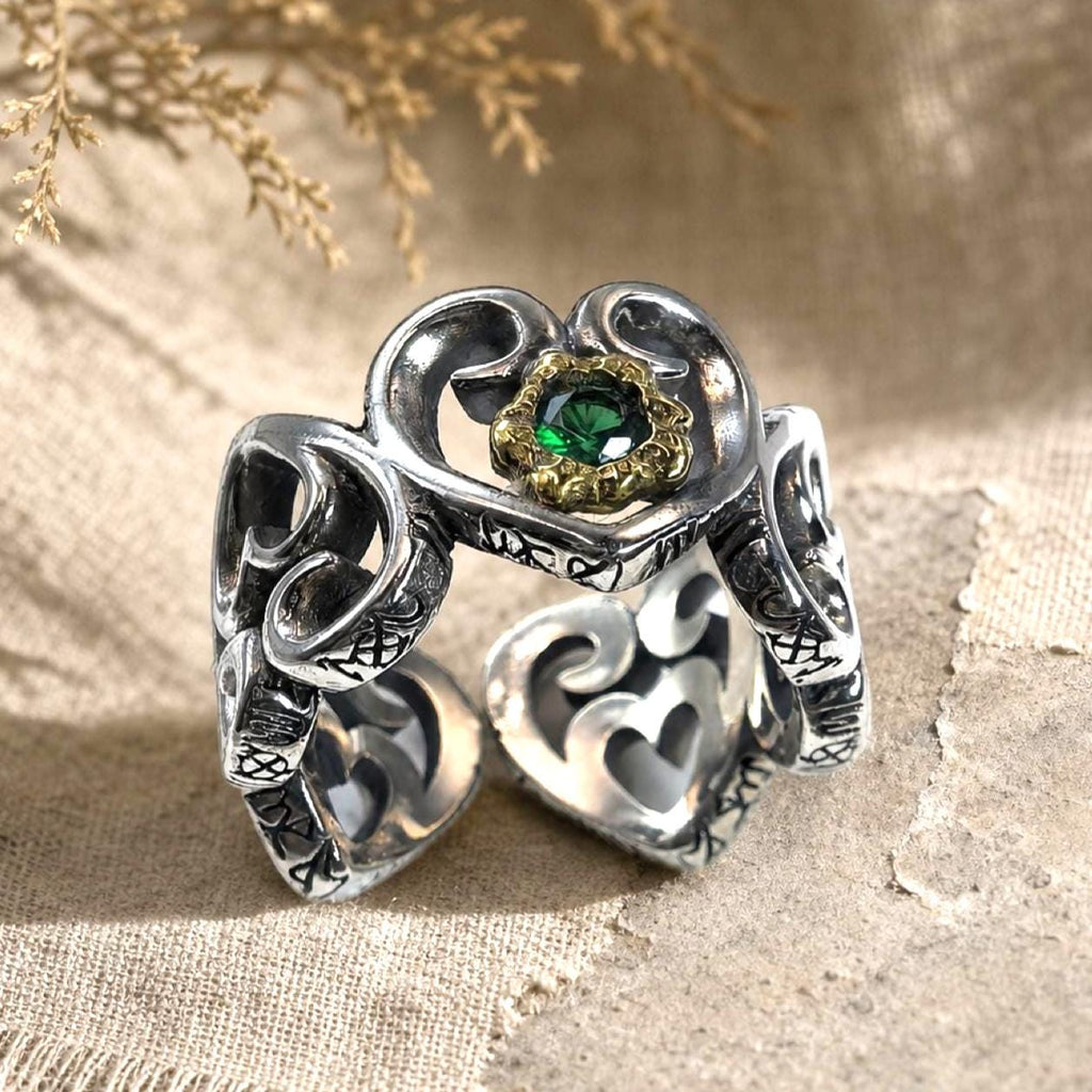 S925 Sterling Silver Heart Ring with Green Stone-Adjustable Size-Vintage Design