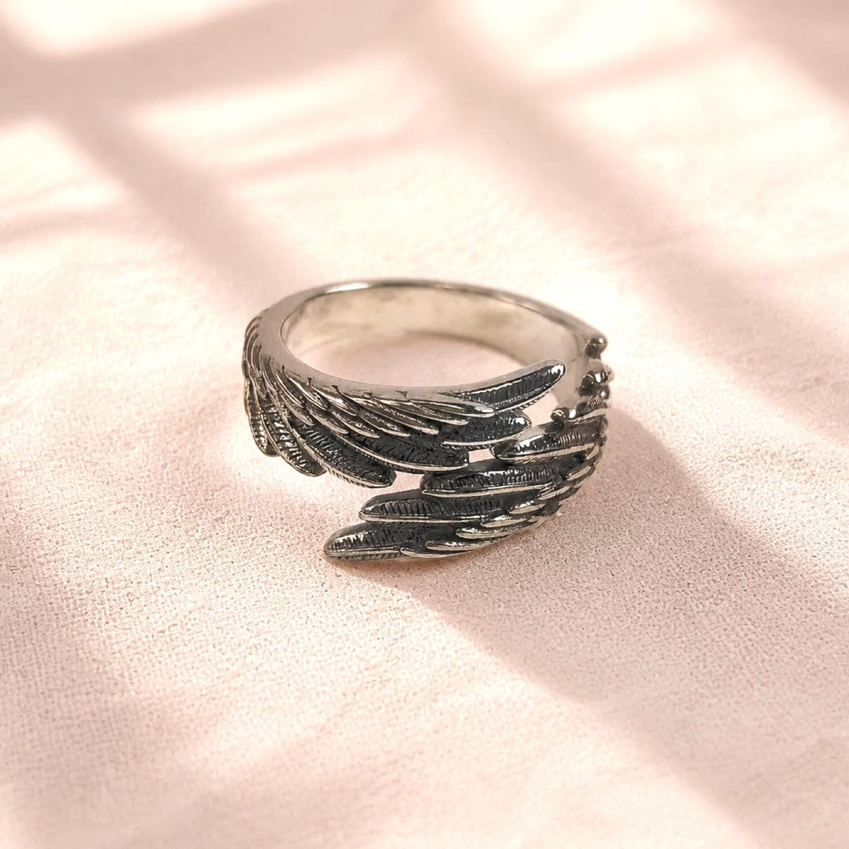 Sterling Silver Angel Wing Ring: Adjustable Feather Jewelry, Free Engraving