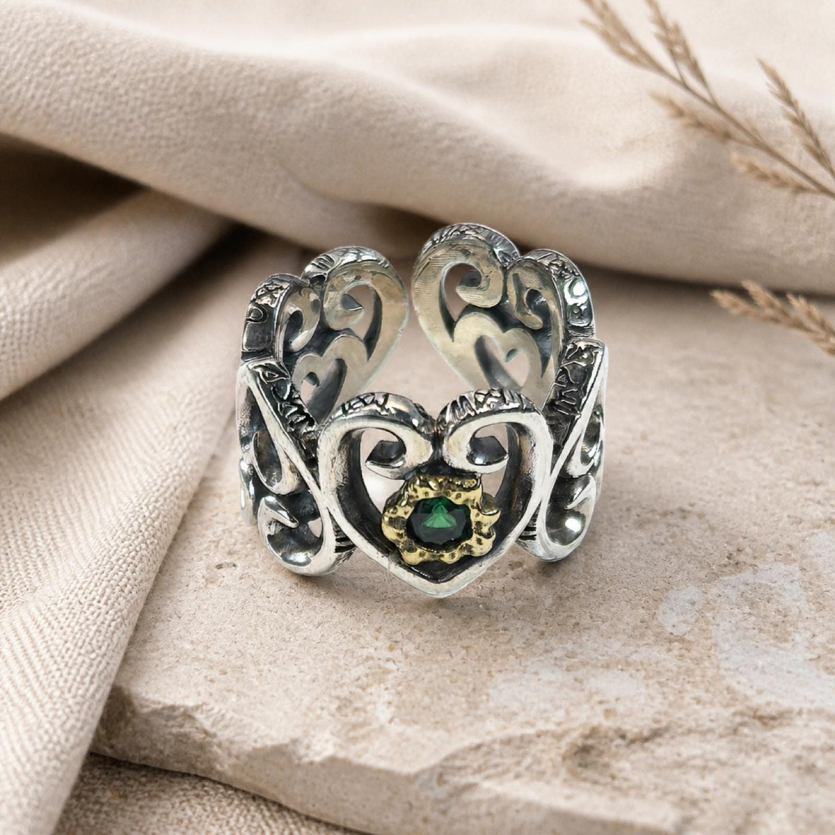 S925 Sterling Silver Heart Ring with Green Stone-Adjustable Size-Vintage Design