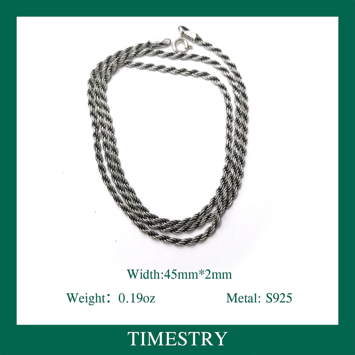 S925 Sterling Silver Rope Chain Necklace 18 inches