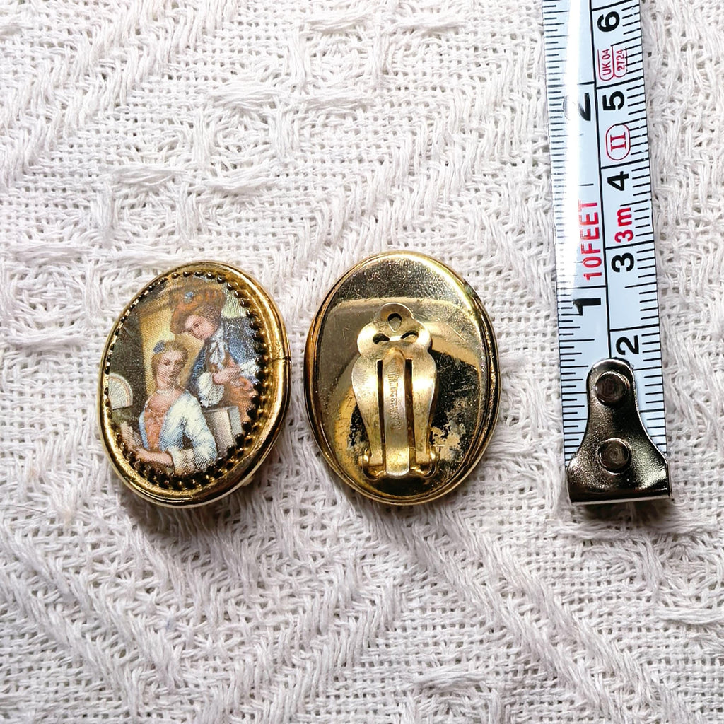 Rare Pair- Vintage Whiting & Davis Earrings Signed Gold Tone Georgian Couple Portrait Earrings 18th Century Scene Jewelry