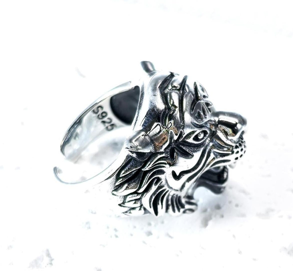 Handmade S925 Sterling Silver Tiger Head Ring, Gothic Biker Jewelry