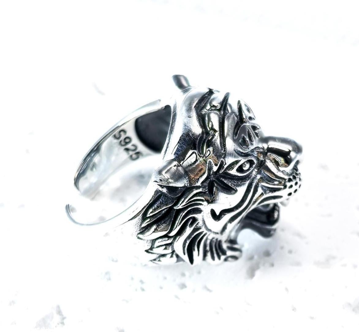 Handmade S925 Sterling Silver Tiger Head Ring, Gothic Biker Jewelry
