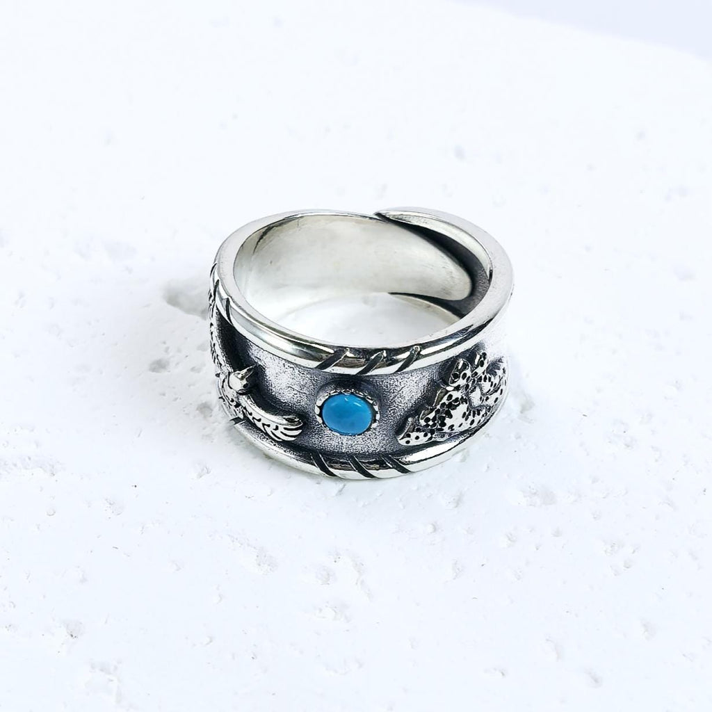S925 Sterling Silver Turquoise Ring – Eagle Design Band Custom Engraved
