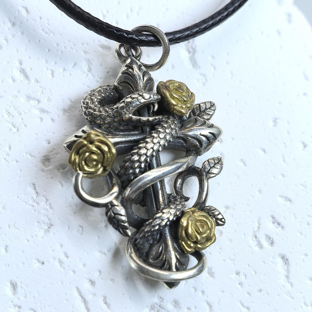 S925 Sterling Silver Snake & Rose Cross Pendant – Gothic Medieval Style Jewelry Free Customization Engraving