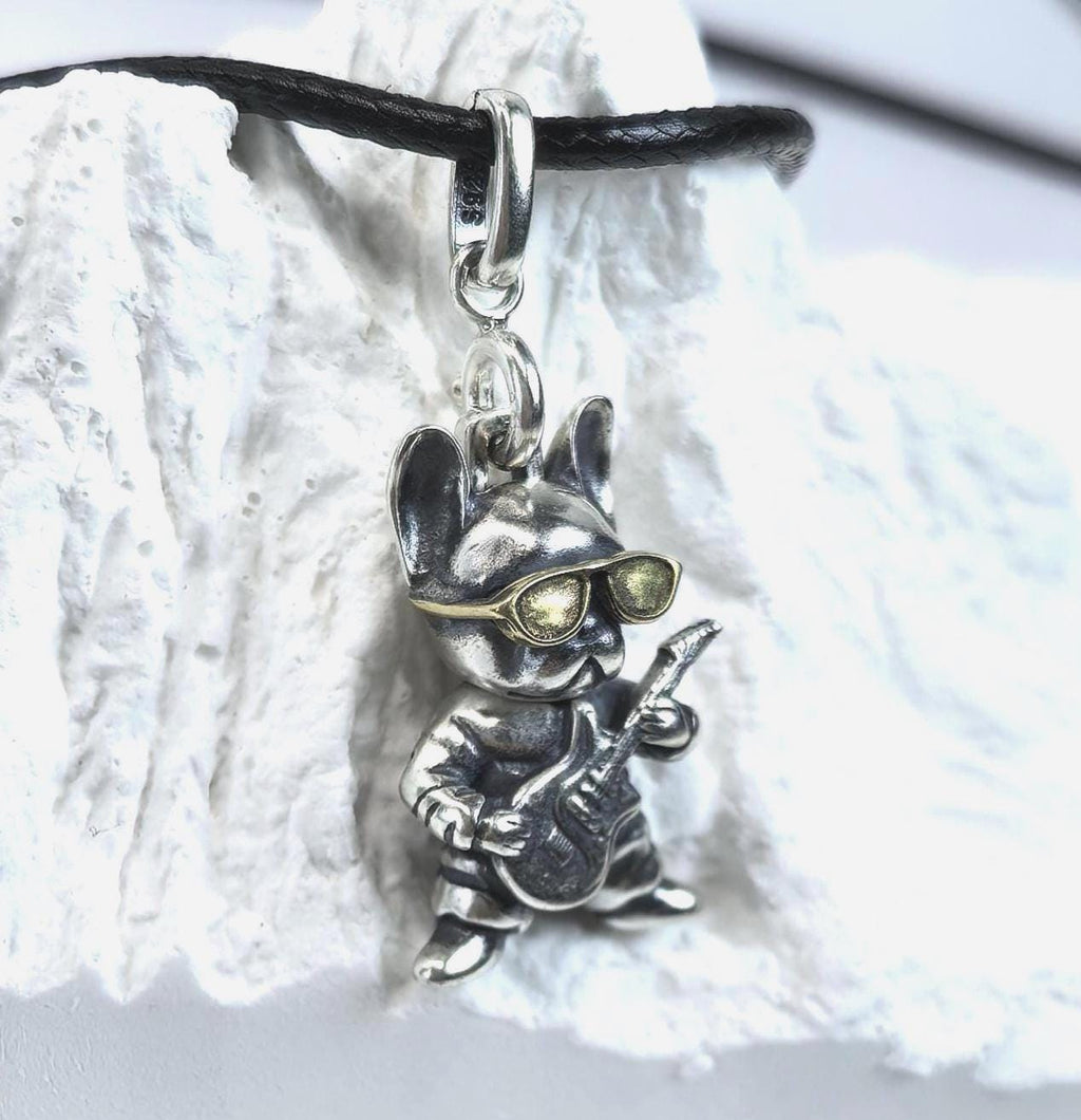 Sterling Silver Bulldog Guitar Pendant: Custom Engraved Dog Lover Necklace