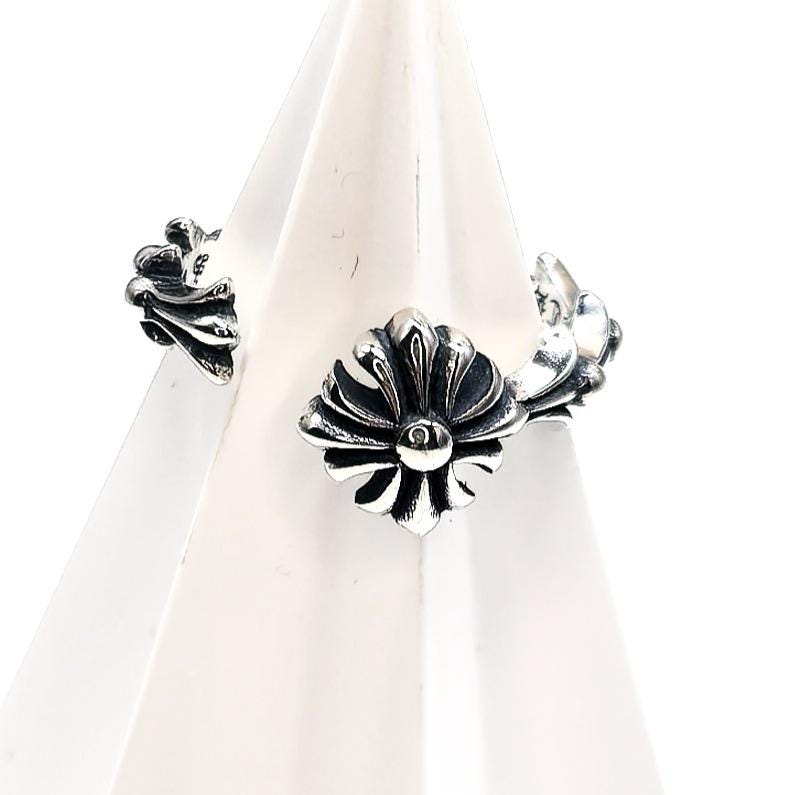 925 Sterling Silver Gothic Cross Flower Ring Oxidized Silver Open Ring Vintage Style Floral Statement Jewelry