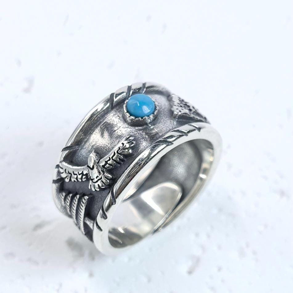 S925 Sterling Silver Turquoise Ring – Eagle Design Band Custom Engraved