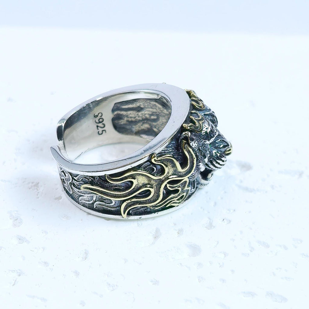 Handmade S925 Sterling Silver Tiger Head Ring – Green Eyes & Gold Detailing – Men’s Gothic Animal Jewelry