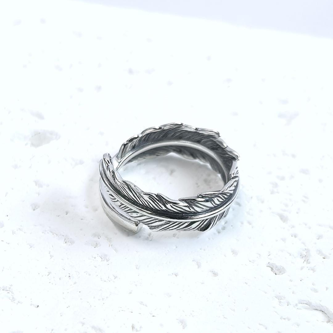 S925 Sterling Silver Feather Ring – Adjustable Band Custom Free Engraving