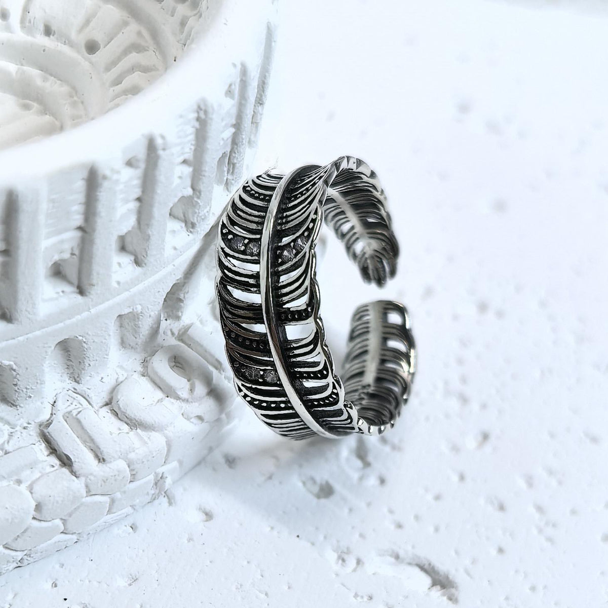 Adjustable Sterling Silver Feather Ring – Handmade Boho Jewelry